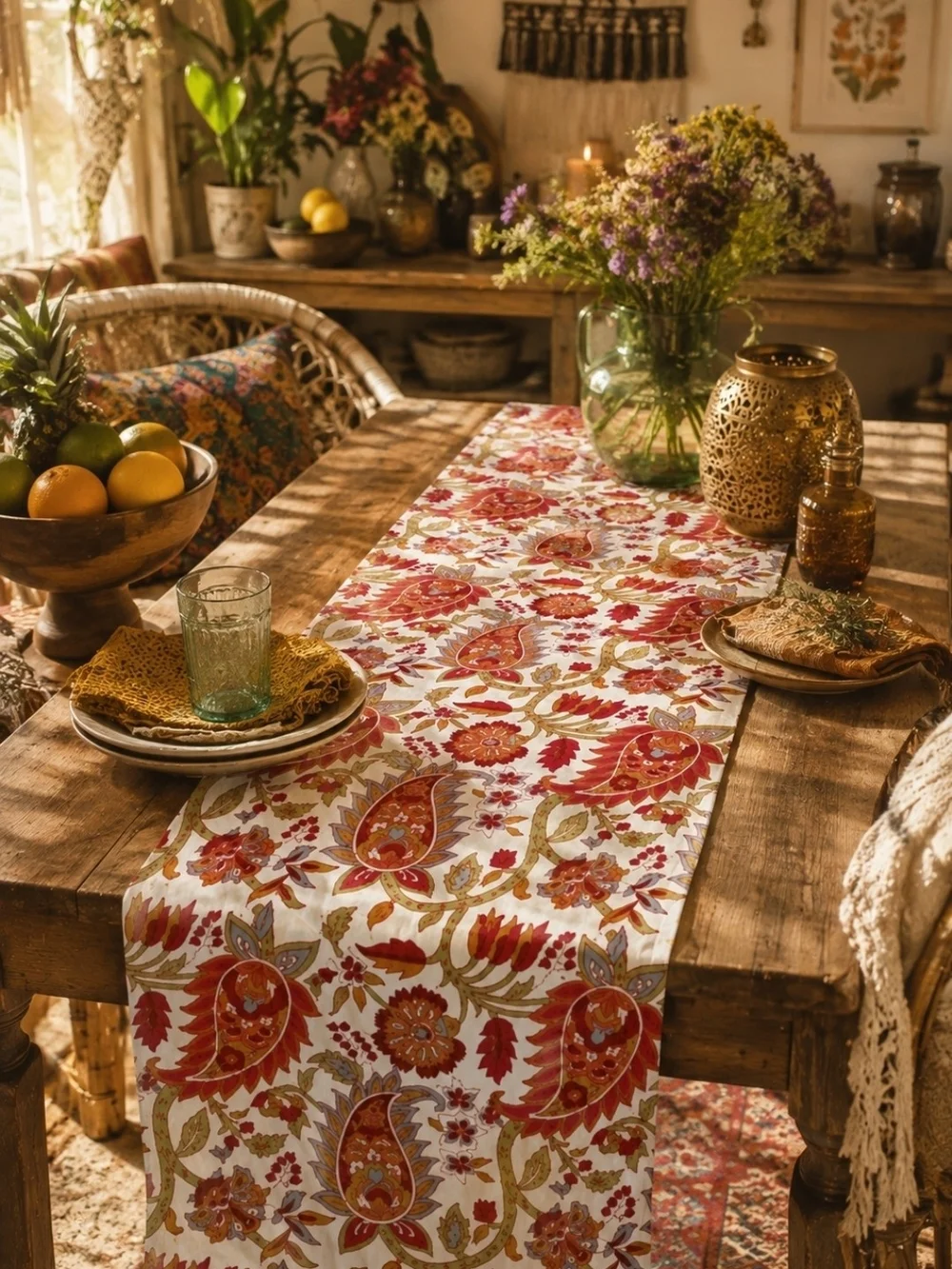 Boho Hippie Dining Home Decor Floral Paisley Cotton Table Runner Red/Cream